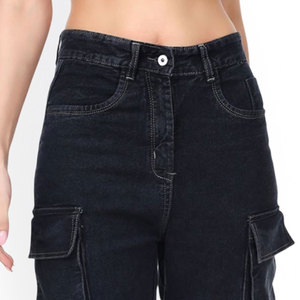 High Waist Dark Wash Cargo <b>Pants</b> Women's Casual Full Length Loose Fit Denim Jeans With Multiple Pockets Button Fly - Product Image 6