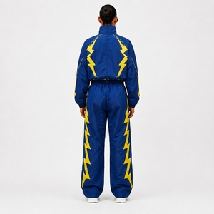 Survêtement unisexe noir et blanc à motif géométrique, fermeture éclair intégrale, col montant, coupe classique, streetwear, vêtements de sport printemps, 100 % nylon, impression par transfert thermique - Product Image 2