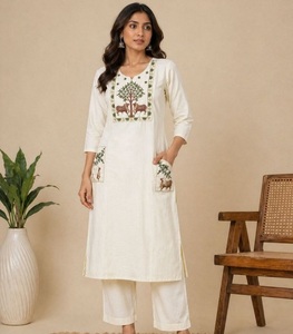 Women Cotton Embroidered Kurti Set <b>Indian</b> Pakistani Style Long <b>Top</b> and Culottes Casual Wear for All Seasons Summer Fit - Product Image 1