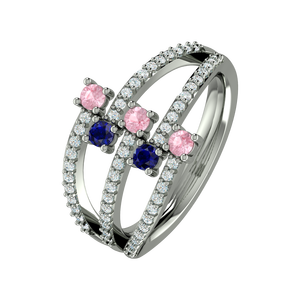 925 Sterling <b>Silver</b> Rhodium Plated Multi-Row CZ <b>Ring</b> with Pink & Blue Stones | Luxury <b>Statement</b> <b>Ring</b> for Women - Product Image 1