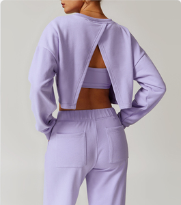 Sweat-shirt court noir à col rond pour femme, manches longues, tricoté, couleur unie, coupe oversize, idéal pour l'automne, 100 % coton - Product Image 3