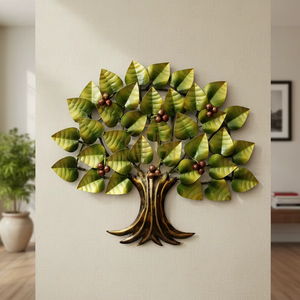 Art mural moderne en métal Arbre de vie, sculpture en fer à feuilles vertes faite à la main, ornement suspendu 3D pour la décoration murale de l'hôtel, du salon - Product Image 1