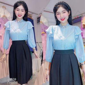<b>Women's</b> Wholesale Elegant Office <b>Blouses</b> with Lace Trim High Neck Shoulder Ruffles <b>Long</b> Sleeves Solid Color <b>for</b> Retail Boutiques - Product Image 6