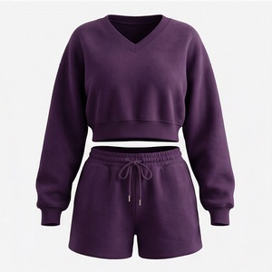 Women's 2 Piece Knitted Solid V Neck Crop Top and Above Knee Shorts <b>Set</b> Casual Loose Fit All Seasons Wear - Product Image 1