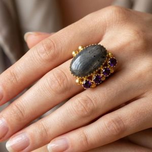 Wedding Wear 925 Sterling Silver Gold Plated Jewelry <b>Labradorite</b> Amethyst Gemstone Women Wear Classic <b>Ring</b> - Product Image 6