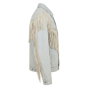 Veste en jean délavé personnalisée avec franges en daim et pompons, style western, fabricant OEM ODM, manteau unisexe sur mesure pour camionneur - Product Image 3