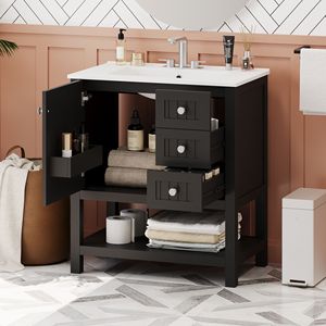 Mobile Bagno da 30 Pollici Stile Transizionale con Ante a Chiusura Ammortizzata e Lavabo in Ceramica - Product Image 1