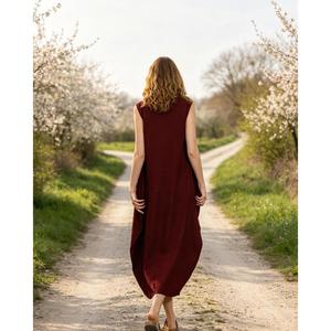 Women Burgundy Linen Cotton <b>Plain</b> <b>Maxi</b> <b>Dress</b> Boho O-Neck Sleeveless Loose Fit With Pocket Autumn Casual Daily Wear - Product Image 4