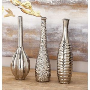 Ensemble de 3 vases en métal argenté de luxe, pots à fleurs modernes en métal martelé, vase décoratif haut pour la décoration de la maison, de la table de mariage - Product Image 1