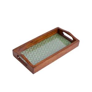 Bandeja de servir de madera con acabado antiguo, estrecha, rectangular, verde, con estampado geométrico, plato decorativo al por mayor para pedidos al por mayor - Product Image 1