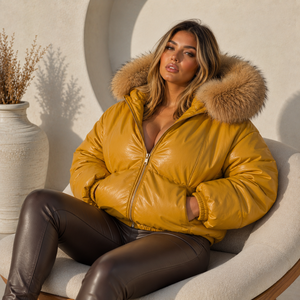 Veste matelassée en cuir véritable pour femme, avec garniture en fourrure de renard, motif écossais, coupe-vent, vêtements d'extérieur d'hiver - Manteaux de luxe en cuir de mouton S-XXL - Product Image 5