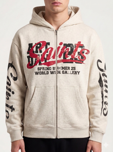 Sweat à capuche d'hiver premium beige entièrement zippé, design graphique distinctif d'inspiration universitaire 'Saints', 100% coton molletonné, personnalisable - Product Image 5