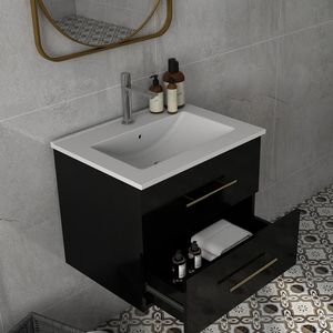 24-Inch Wall Mounted <b>Bathroom</b> <b>Vanity</b> with Double Drawers Easy-to-Assemble Ceramic Basin & Long Handle Gold Metal Sink Combo - Product Image 4