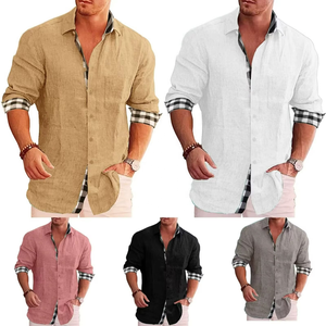 Chemise en lin pour homme, col montant uni, décontractée, boutonnée, respirante, en coton tricoté, idéale pour l'été chaud - Product Image 5