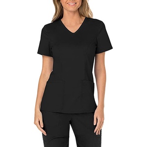 Women V Neck <b>Scrub</b> <b>Top</b> Short Sleeve Black Hospital Uniform Cotton Polyester Woven Fabric - Product Image 1