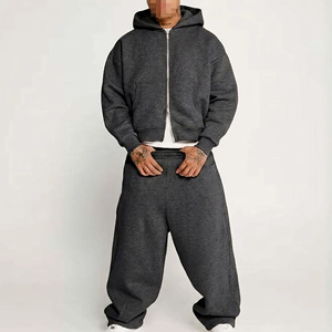 Conjunto Deportivo Unisex Gris Oscuro con Sudadera con Capucha y Cierre, Pantalones Jogger Holgados, Corte Regular, Color Sólido, Manga Corta, Ropa de Invierno - Product Image 6