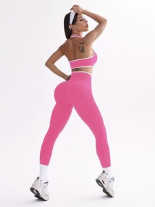 <b>Womens</b> Seamless Activewear 2 Piece Set Crossover Halter <b>Top</b> and Contrast Edge <b>Compression</b> Tights Running Yoga Suit Clothing - Product Image 5