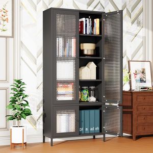 Large Freestanding Metal Storage Cabinet with 4 Glass Doors and 5 Shelves Bedroom Bookcase Display <b>Side</b> Cabinet for Living Room - Product Image 2