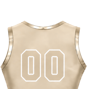 Maillot de cheerleading beige sans manches, crop top personnalisé, uniforme sportif, tenue d'entraînement d'équipe, vêtements de performance athlétique - Product Image 5