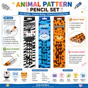 Juego de 12 Lápices 2B con Estampado Animal y Borrador, Cuerpo Negro, Impresión por Sublimación, Material Escolar y de Oficina, OEM ODM - Product Image 2