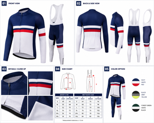 Ensemble de maillot et de short de cyclisme pour hommes de haute qualité, personnalisé, en spandex/coton, séchage rapide, 4 saisons, bleu marine, blanc, rouge, manches longues, pour adultes - Product Image 5