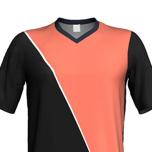 Maillot de football personnalisé pour homme, col en V, coloris contrastés noir et corail, manches courtes, tissu polyester anti-humidité - Product Image 6