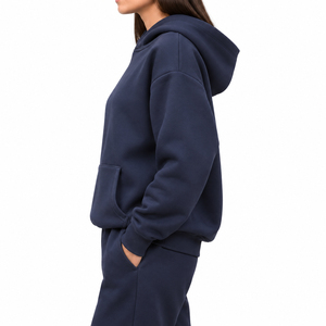 <b>Women's</b> Solid Navy <b>Blue</b> <b>Hoodie</b> Pullover Sweatshirt Drop Shoulder Long Sleeve Casual Top - Product Image 4