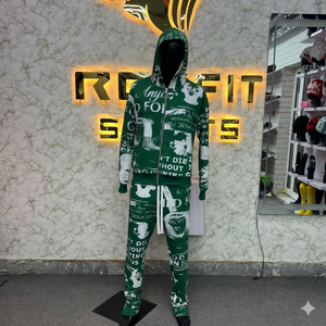 Ensemble de survêtement à capuche pour homme REXFIT SPORTS, vert, avec impression de lettres, sweat-shirt à fermeture éclair intégrale et pantalon, streetwear, tenue d'automne. - Product Image 1