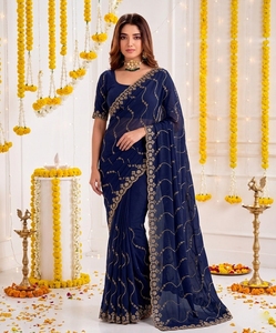 Sari de Seda Azul con Bordado Dorado, Traje Tradicional Indio para Bodas, para Mujer, Largo hasta el Suelo, Corte Regular - Product Image 1