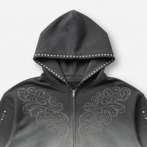 Sudadera con capucha personalizada con estampado de serigrafía, pedrería y cremallera, de algodón 100% de alto gramaje, estilo vintage streetwear unisex. - Product Image 6