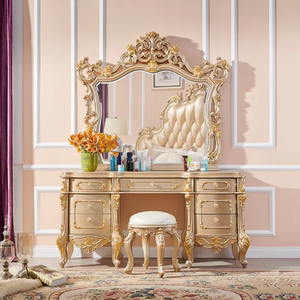 Elegant European Mahogany <b>Dressing</b> <b>Table</b> 7-Drawers with Mirror Gold Cream Carved Vanity Set Drawer Bedroom Furniture Luxury - Product Image 4