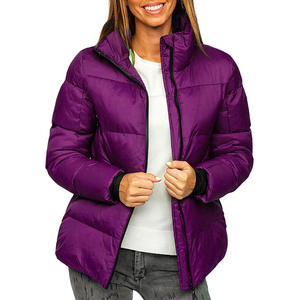 Women's Purple Quilted Puffer Jacket Stand Collar Full Sleeve Winter Warm <b>Coat</b> <b>Zipper</b> Closure Solid Color Regular Fit - Product Image 1