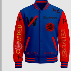 Chaqueta Varsity con mangas de cuero PU y bordado directo - Product Image 1