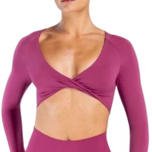 <b>Women</b> Berry <b>Pink</b> Long Sleeve Twist Front Crop <b>Top</b> Matching Leggings Set Slim Fit Activewear Gym Wear Fashion Sportswear - Product Image 5