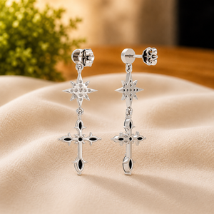 Pendientes Colgantes de Plata de Ley 925 con Cruz de Estrella y Gema Negra Marquise, Joyería para Mujer para Bodas y Fiestas - Product Image 6