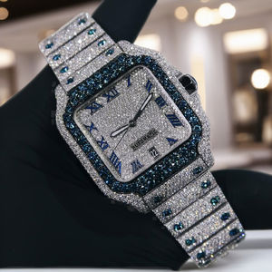Iced Out Blue Diamond Bezel <b>Watch</b> Square Automatic <b>Mechanical</b> <b>Watch</b> with Blue Roman Numerals Full Bling Luxury Hip Hop Jewelry - Product Image 4