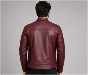 High Quality Men's <b>Burgundy</b> <b>Leather</b> Moto <b>Jacket</b> Stand Collar Zipper Closure - Product Image 5