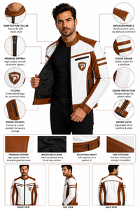 <b>Men's</b> <b>White</b> Brown PU Leather Motorcycle <b>Jacket</b> Stand Collar Zipper Front Moto Biker Style Regular Fit - Product Image 6