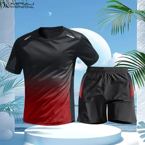 Premium Quality Training Outfit Set Stylish <b>Red</b>-Black Gradient Activewear Breathable Fabric Fitness Compression T-Shirt Shorts - Product Image 6