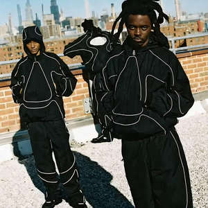 Conjunto de Chaqueta y Pantalón Deportivo de Invierno con Logotipo Personalizado Reflectante, Chaqueta Cortavientos con Cierre y Pantalón Recto de Poliéster para Hombre - Product Image 1