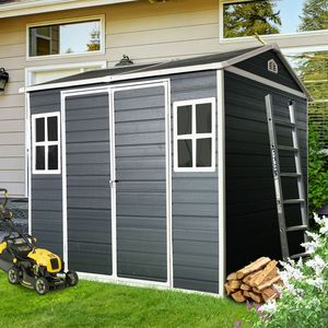 Casetta da Giardino in Resina 8 x 6 Piedi con Pavimento Impermeabile, Due Finestre e Porta con Serratura - per Deposito Attrezzi in Giardino e Patio - Product Image 1