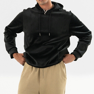 Sweat-shirt à capuche vintage en velours noir pour homme, coupe oversize, en coton épais, streetwear, logo personnalisé, vêtements décontractés d'hiver - Product Image 3