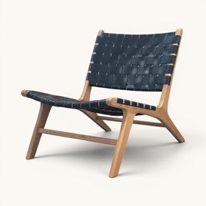 Silla de Madera de Teca Sólida Hecha a Mano de Alta Gama con Respaldo de Cuero Tejido para Vestíbulo de Hotel y Salón de Casa o Villa - Product Image 2