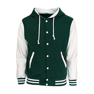 Custom High Street Varsity Hoodie Jacket Mens Green White Single Button <b>Stand</b> Collar Genuine Leather Drawstrings Ribbed Trim - Product Image 3