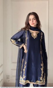 Women Navy Blue Silk Salwar Kameez With Gold Embroidery Ankle-Length Party Wear Elegant <b>Loose</b> Fit India Pakistan Ethnic Clothing - Product Image 2