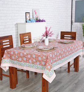 Wedding <b>Tablecloth</b> Salmon Pink Sage Green Delft Blue Indian Hand Block Printed <b>Tablecloth</b> Table Cover Linen Set - Product Image 4