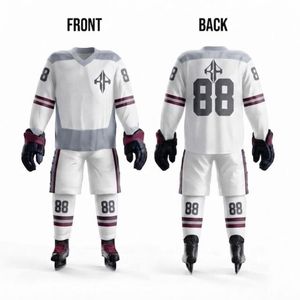 Conjunto de Uniforme de Hockey sobre Hielo para Hombre, Blanco con Gris y Marrón, Impresión por Sublimación, Cuello en V, Manga Larga, 100% Poliéster - Product Image 1