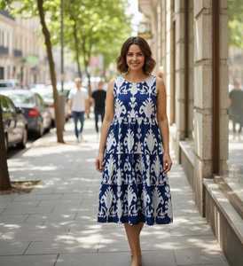 เดรสยาวพิมพ์ลายเรโทรคุณภาพดีสวยงาม คอวี ไซส์ใหญ่ สไตล์ลำลองสำหรับผู้หญิง ชุดเดรสชายหาดสำหรับผู้หญิง - Product Image 1