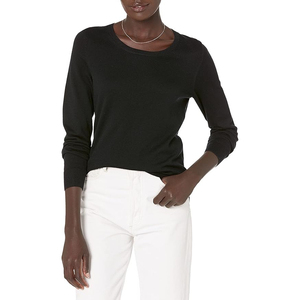 Pull à col rond noir pour femme, manches longues, tricoté, couleur unie minimaliste, 100% coton, anti-boulochage, toutes saisons - Product Image 6