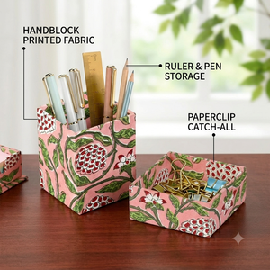 Organizador de Escritorio Multiusos de Madera con Impresión Artesanal Ridhi, de Dos Niveles, con 3 Portaplumas, Bandeja para Clips y Caja para Notas, Color Rosa - Product Image 4